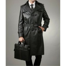 Cappotto Trench Nuovo Da Uomo In Vera Pelle Nera Lamsbkin 3/4