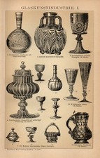 Antica Stampa 1898 = MANUFATTI IN VETRO Vasi Bicchieri = Artigianato Old PRINT 