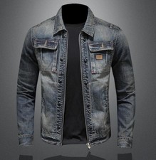 Giacca jeans uomo blu denim zip fascia colletto cappotto moto tasca punk