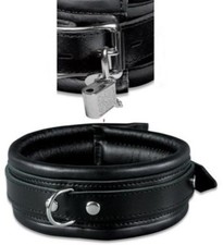 BDSM Collare Bondage Chiudibile in Vera Pelle Imbottito Nero + Lucchetto
