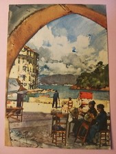 Portofino (Genova). Acquerello di Aldo Raimondi - Donne che fanno merletti.