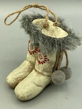 Mukluk Fur Boots Ornament cream color boots green and red design and ribbon