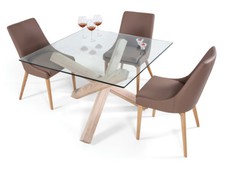 TAVOLO FISSO QUADRATO IN LEGNO MASSELLO DI FRASSINO PIANO IN VETRO 