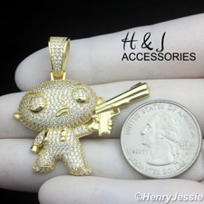 CIONDOLO ARGENTO 925 ZIRCONI GHIACCIATI PLACCATO ORO 3D STEWIE GRIFFIN FAMIGLIA RAGAZZO * G507