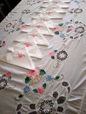 Tovaglia Ricamata Per 12 Con Tovaglioli Vintage Insert Pizzo Uncinetto