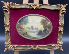 Quadro ovale paesaggio BORGO VECCHIO olio celluloide firmato cornice d'orato