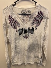 Top vintage Affliction manica lunga donna XL ali d'angelo incrociate rosa e bianco Y2K