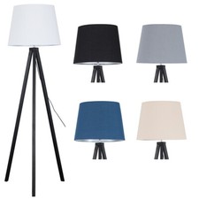 Lampada da terra moderna treppiede legno nero illuminazione standard paralume cotone lampadina led