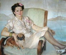 Umberto Rossi Vezzani (Milano 1897 – 1953) ” SIGNORA CON CANE  PECHINESE ”