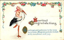 Cartolina annuncio nascita bimbo cicogna anni 1910 Blackwood NJ congratulazioni