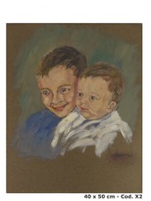 QUADRO AD OLIO SU TAVOLA RITRATTO BAMBINI FIRMATO BERT '68 DIPINTO VINTAGE X2