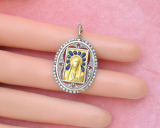 ANTICO CIONDOLO RELIGIOSO DIAMANTE BLU PLIQUE-A-JOUR PREGHIERA VERGINE MARIA 1920