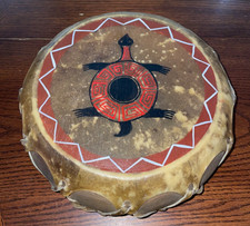 Tamburo vintage nativi americani pelle grezza legno Pow Wow dipinto a mano con tartaruga 9,5"