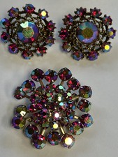 Orecchini Vintage Coro Spilla e Clip On Aurora Boreale Strass Fiore Retrò