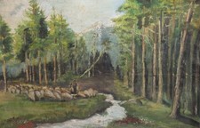 Antico dipinto impressionista olio foresta fiume paesaggio donna pastore pecore