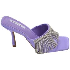 Sandalo gioiello viola donna tacco sottile 8 cm fascia larga con strass pendenti