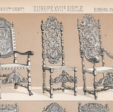 Poltrone barocche europee decorazione sala da pranzo originali 1876 incisione antica