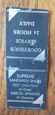 COPERTINA LIBRO FIAMMIFERI CON CODA DI FIAMMIFERI: SUPREME SANDWICH SHOPS ST. LOUIS, MO MATCHCOVER -D3