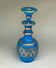 VETRO OPALINO ANTICO BLU BOTTIGLIA PROFUMO OPALINA DECORATO ORO - 800 PRIMI 900'