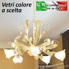 LAMPADARIO IN FERRO BATTUTO 5 LUCI AVORIO ORO SOSPENSIONE SOGGIORNO "Doge Lusso"