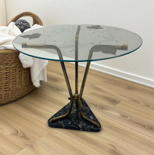 Tavolino da salotto anni '40, ottone, marmo e vetro tondo decorato