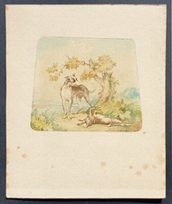 Acquerello antico bozzetto porcellana 1920 circa cane da caccia greyhound lepre