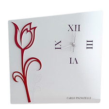 Grande orologio da tavolo legno bianco decoro tulipano rosso, analogico 2 misure