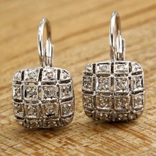 Orecchini in ORO Bianco 14 kt e con DIAMANTI Pendenti Toppe a Monachella Donna