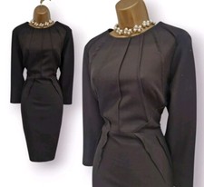 Abito Karen Millen nero sartoriale pintuck freccette balze matita occasione UK 14