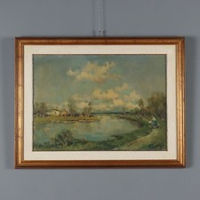 Dipinto di Ivan Karpoff Paesaggio Fluviale con Figure Russia XX Secolo Originale