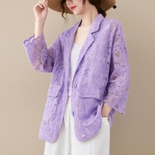 Donna 3/4 Maniche Pizzo Giacca Blazer Top Floreale Traforato Puro Thin Estate