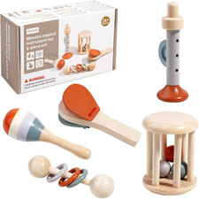 5 Pezzi Giochi Neonato in Legno Sonaglio Strumenti Musicali Bambini Allenamento 
