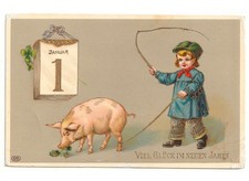 calendario bambino maiale quadrifogli cartolina Buon Anno Neuen Jahre