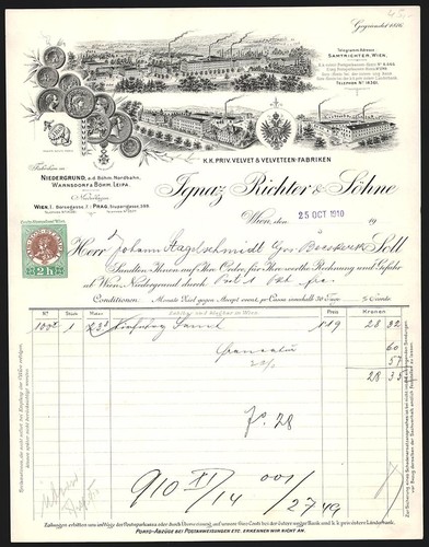 Fattura vienna 1910 ignaz - vienna, 1910,