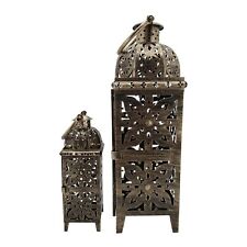 Set 2 Lanterne Marocchine Dorate in Metallo Portacandele Grandi Esterno Interno
