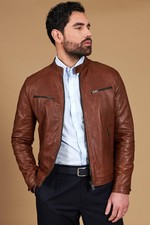 Giacca in Pelle Uomo Vintage Cuoio Cognac Moto Giubbotto Biker Made in Italy