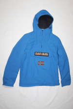 Giacca Napapijri taglia Large blu linea pile cappuccio smock geografico cuciture nastrate