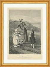 Il maldestro modello A. Weisz bambini pittore bambina incisione su legno A 2446 incorniciato