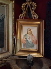 Cornice epoca legno dorata seta Sacro cuore con spine Gesù vintage