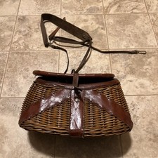 Cestino da pesca trota in vimini e cuoio vintage