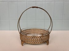 Cestino Vintage In Metallo Dorato Con Vetro Centrotavola Anni 50