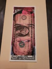 banconota da 1 dollaro USA vera pop art originale firmata morte NYC. Fiocco rosso Obama raro. 