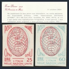 Repubblica Italiana 1956 ONU Varietà NON dentellati 806f/807f Certificato Diena