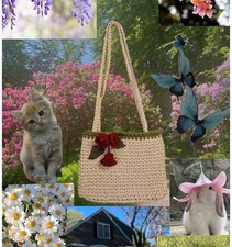 Borsa Beige Bag Donna Ragazza uncinetto Cotone Handmade Motivi Floreali 25x25cm 