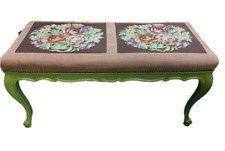 Antico sgabello panchetta barocco lacca verde prato imbottita tessuto a ricamo