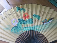 GRANDE VENTAGLIO decorativo con fiori uccelli fiume CINESE o GIAPPONESE lago di