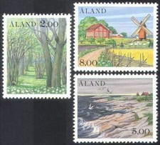 Aland 1985 Mulino a Vento Foresta Alberi Uccellini Chiesa Edifici Pecore Natura 3v MNH