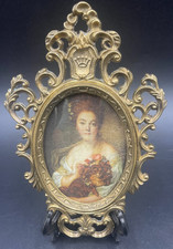 Quadro miniatura ovale DONNA NOBILE CON CANE stampa sul seta cornice ottone