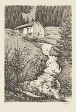 E. ZELLER (XX secolo), Idillio rurale con cascata, 1935, lith. Simbolismo