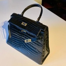Borsa modello kelly in coccodrillo pon pon francese nero anni 80